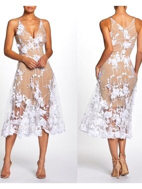 Dress The Population Audrey Midi Dress Sz Large 3D Floral Embroidered Fit Flare